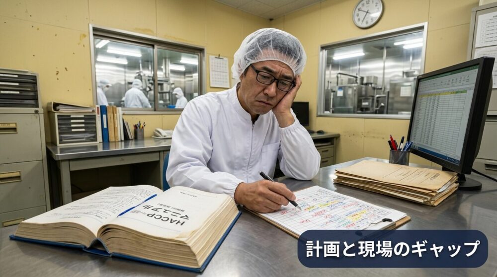 担当者に依存し形骸化したHACCP計画書と衛生管理の現場ギャップを示すイメージ