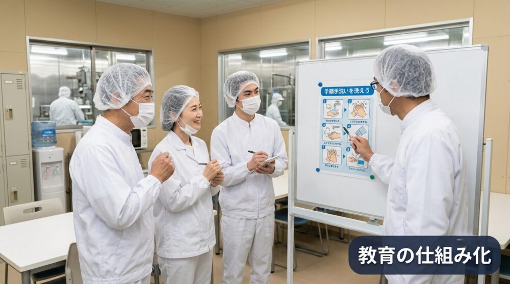 食品工場の従業員が衛生管理ルールについて教育を受けている様子
