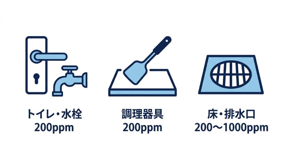 次亜塩素酸ナトリウムの使用箇所別の濃度目安を示す図解