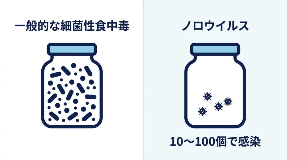 ノロウイルスがわずかな量で感染する仕組みと細菌性食中毒との違いを示す図解
