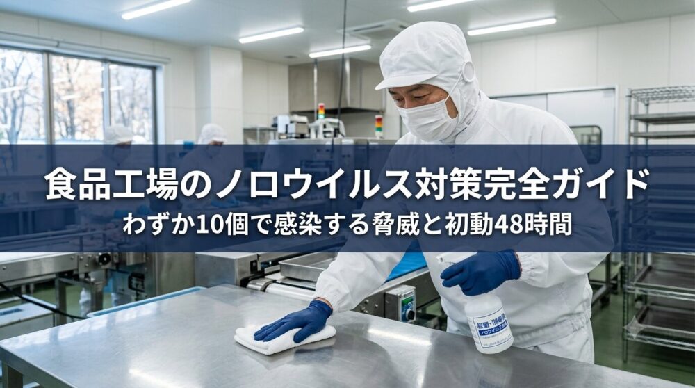 食品工場でノロウイルス対策として消毒・健康管理を徹底する衛生管理担当者