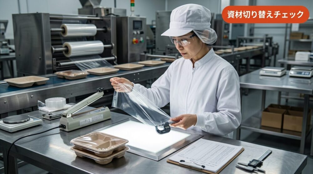 再生プラスチック製の包装資材へ切り替える際にバリア性・シール適性・賞味期限を確認する食品工場担当者のイメージ
