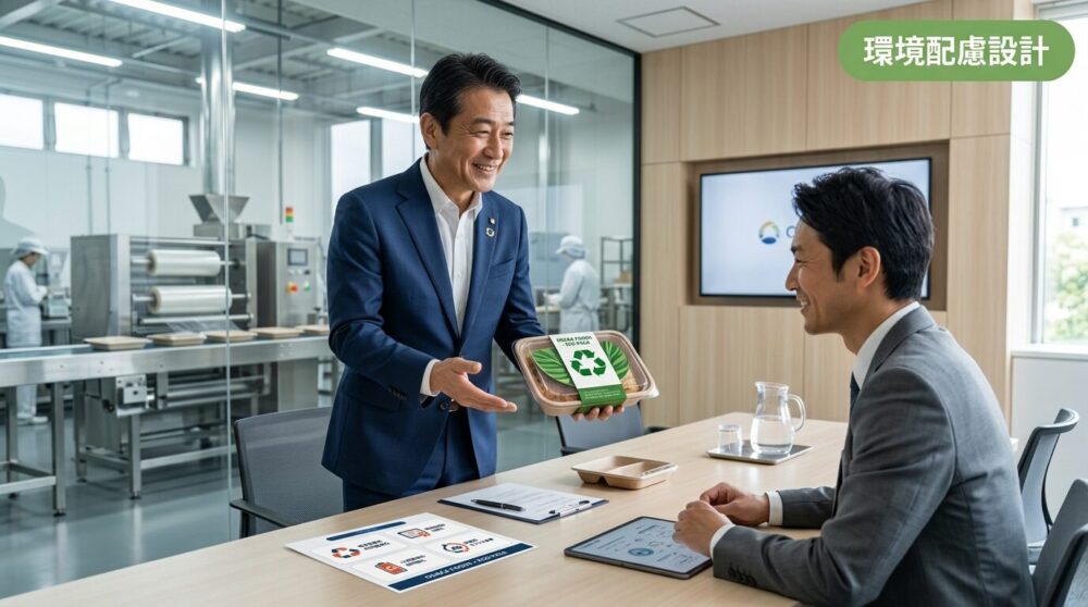 環境配慮設計が認定された食品パッケージと、それを取引先にアピールする食品工場担当者のイメージ