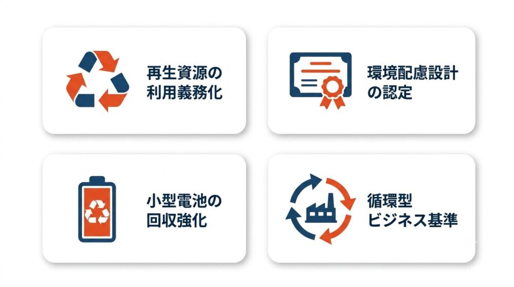 資源有効利用促進法改正の4本柱(再生資源利用義務化・環境配慮設計認定・小型電池回収強化・循環型ビジネス基準)を示す図解