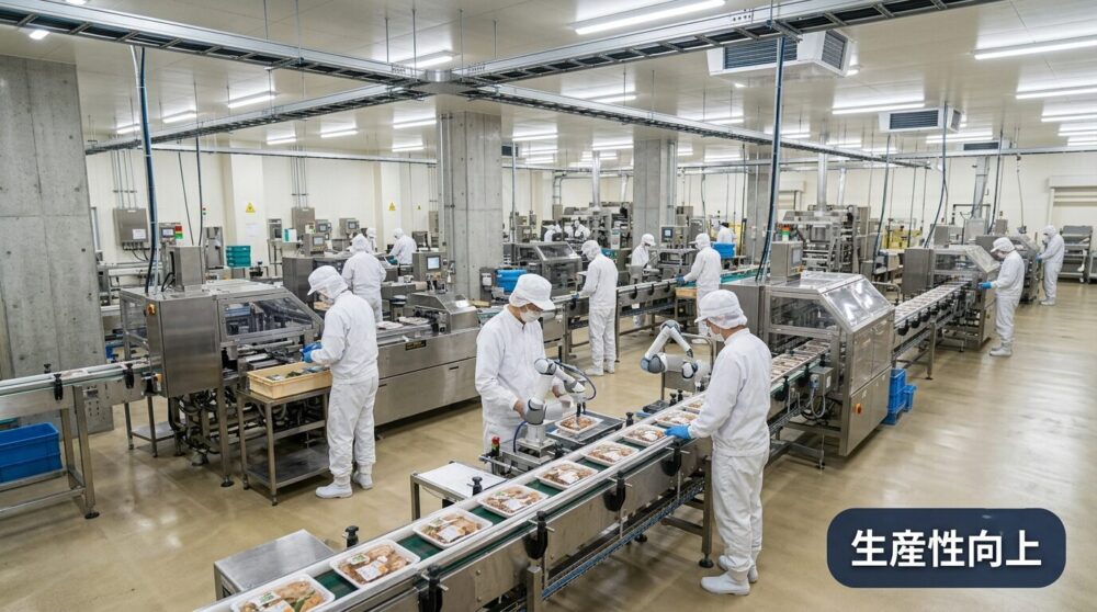 設備導入とレイアウト再設計により生産ラインの生産性が向上した食品工場のイメージ