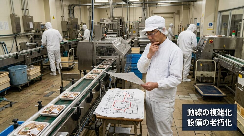 老朽化した設備と複雑化した生産ラインの動線に悩む食品工場の現場を示すイメージ
