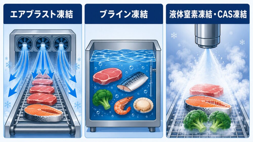 エアブラスト凍結・ブライン凍結・液体窒素凍結の3つの急速凍結技術を比較したインフォグラフィック