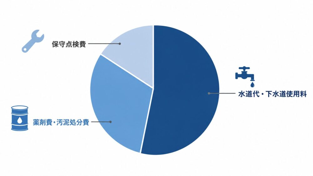 食品工場の排水処理コストの内訳(水道代・下水道使用料、薬剤費・汚泥処分費、保守点検費)を示す円グラフ風の図解