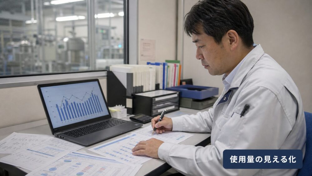 水道・下水道の請求書データをグラフで可視化し削減の優先順位を検討する食品工場担当者のイメージ