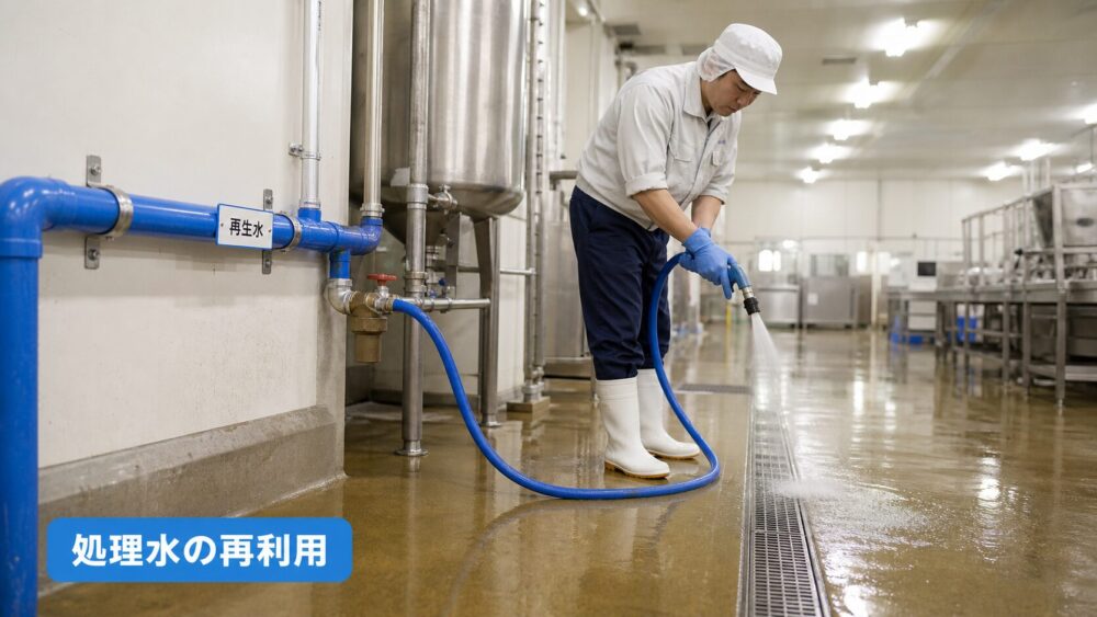 処理後の排水を床洗浄や散水など非接触用途に再利用する食品工場の設備イメージ