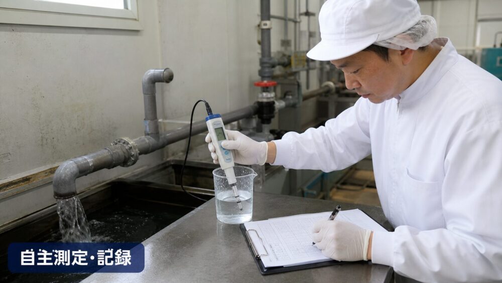 食品工場の担当者が排水の水質を定期的に自主測定し記録をつけているイメージ