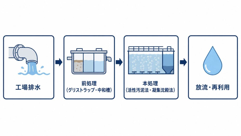 食品工場の排水処理の流れ(グリストラップ・中和槽による前処理から活性汚泥法・凝集沈殿法による本処理まで)を示す工程図