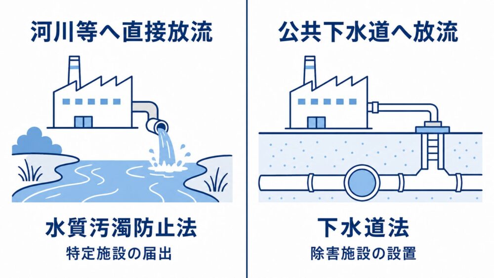 水質汚濁防止法(直接放流・特定施設)と下水道法(下水道放流・除害施設)という2つの排水規制の違いを示す図解