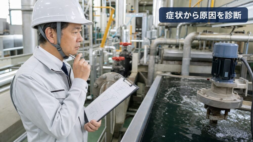 排水トラブルの症状(油分超過・BOD上昇・SS上昇)とそれぞれの原因を照合して診断する食品工場担当者のイメージ