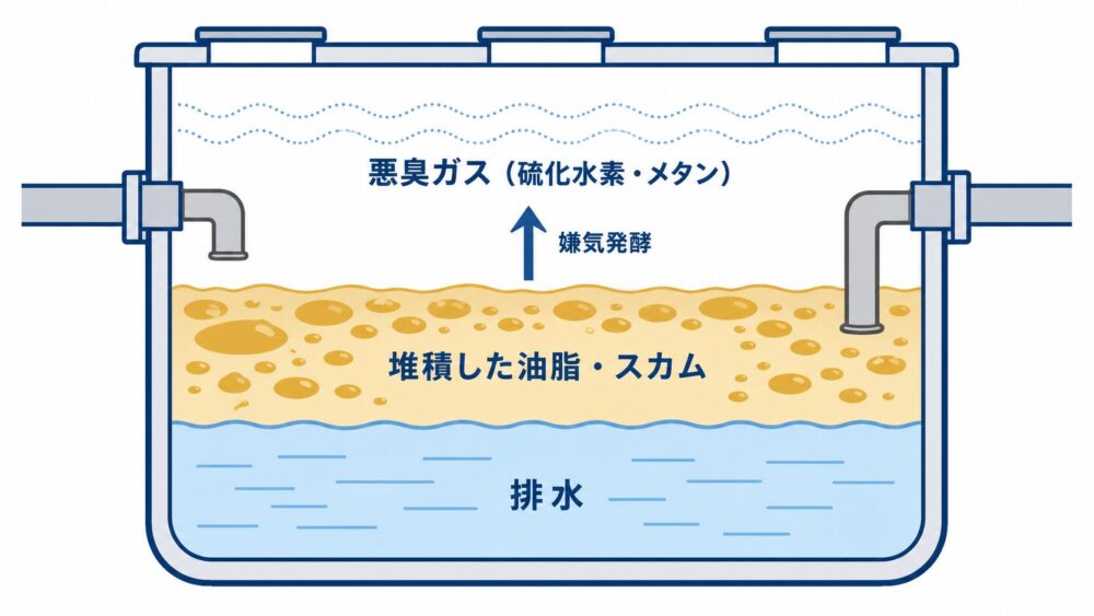 グリストラップ内に堆積した油脂やスカムから悪臭ガスが発生する仕組みを示す断面図解