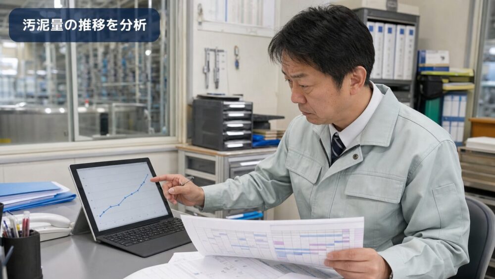 汚泥引き抜き量の推移データを確認しながら原因を分析する食品工場の設備担当者のイメージ
