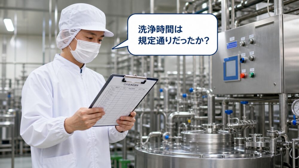 担当者がCIP洗浄記録を遡って原因を確認している様子