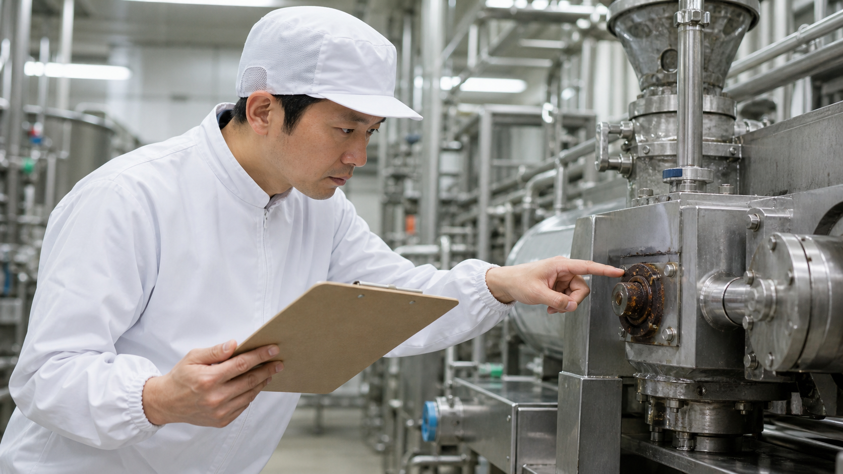 食品工場の老朽化設備を点検する担当者と故障箇所を示すチェックリスト