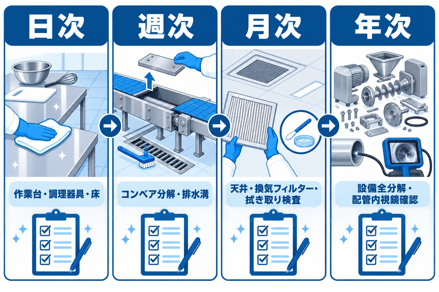 食品工場の清掃頻度表を示す図解。日次・週次・月次・年次の対象箇所と記録方法を整理したインフォグラフィック