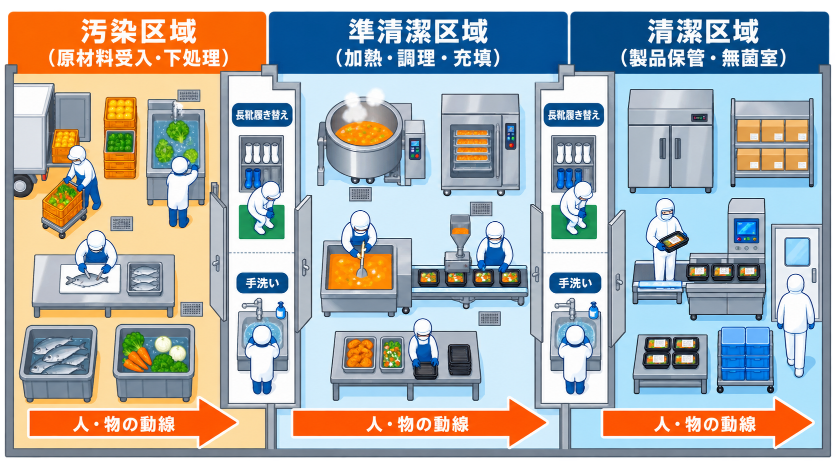 食品工場のゾーニング図。清潔区域・準清潔区域・汚染区域の3段階と人・物の動線分離を示す図解