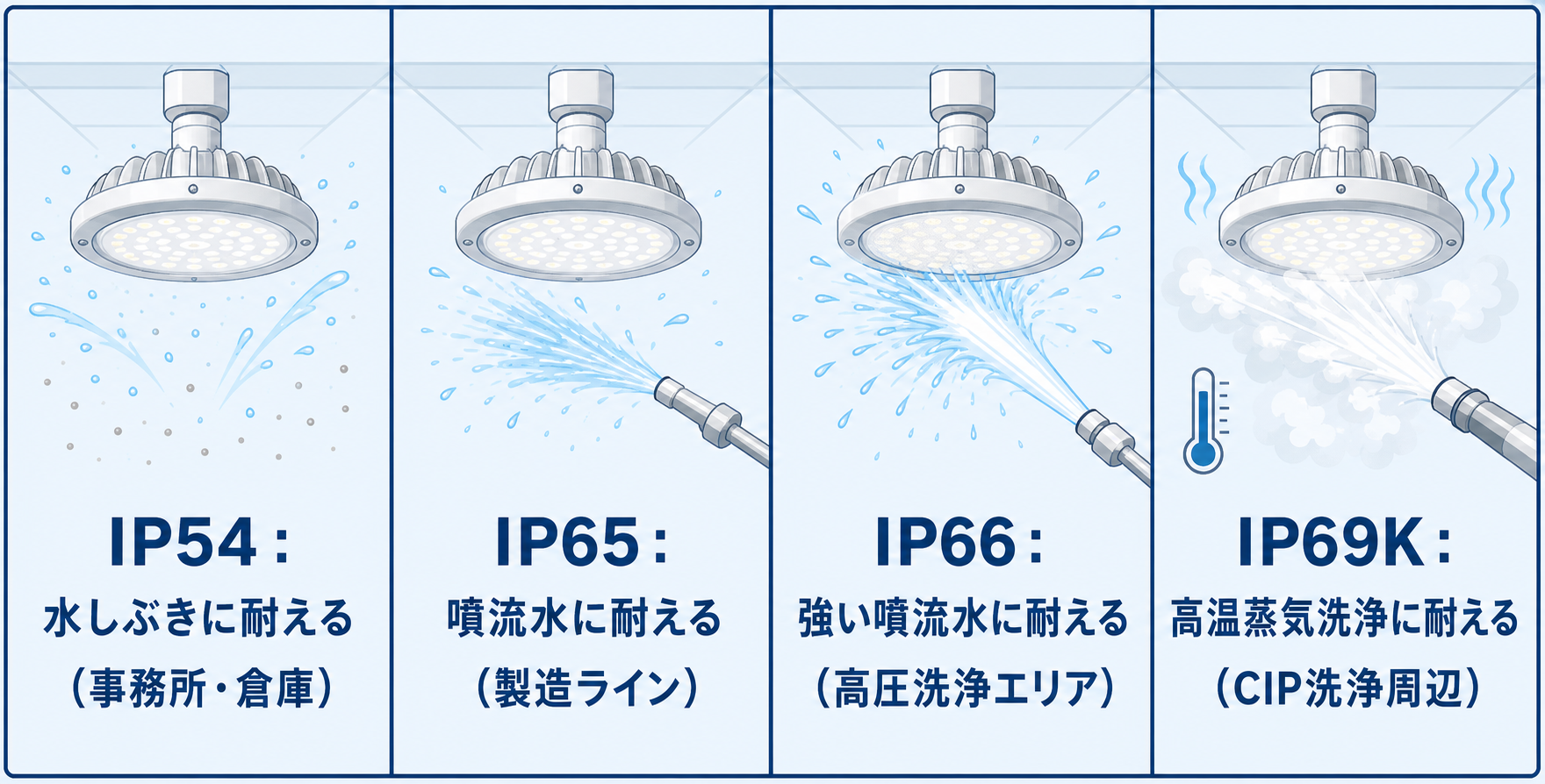 食品工場向けLED照明の保護等級(IP等級)比較図。IP54・IP65・IP66・IP69Kの防塵防水性能と適用エリアを示す図解