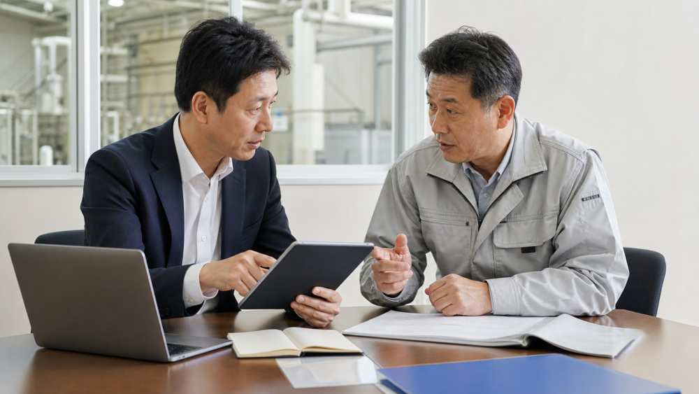 食品工場の担当者と外国人材受け入れについて打合せをする様子