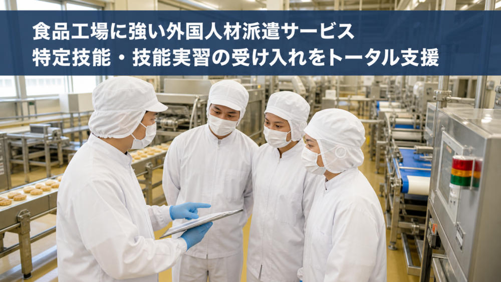 食品工場で日本人スタッフと外国人材が共に働く様子を示す外国人材派遣サービスのアイキャッチ画像