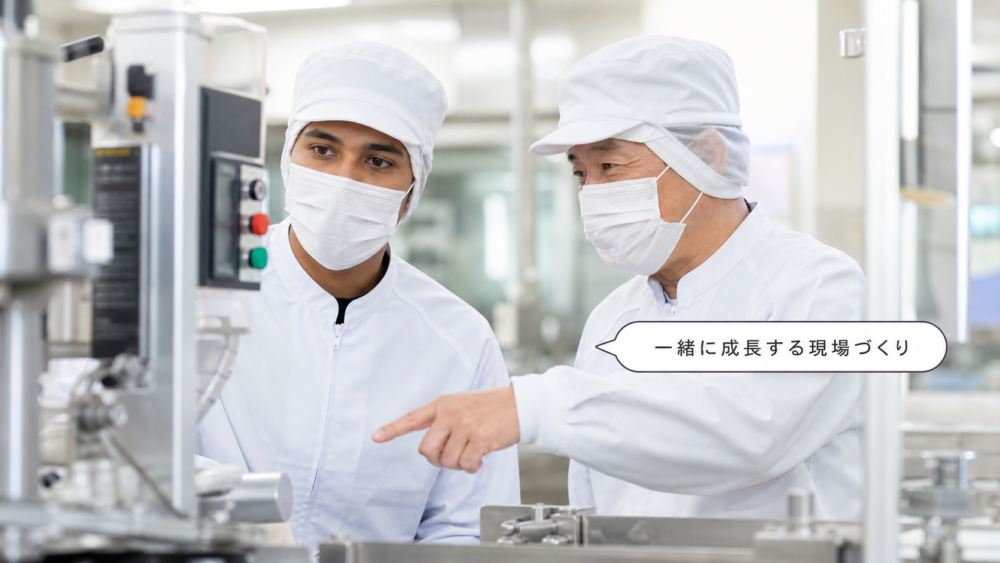 食品工場の現場で共に働く外国人材と日本人スタッフの様子