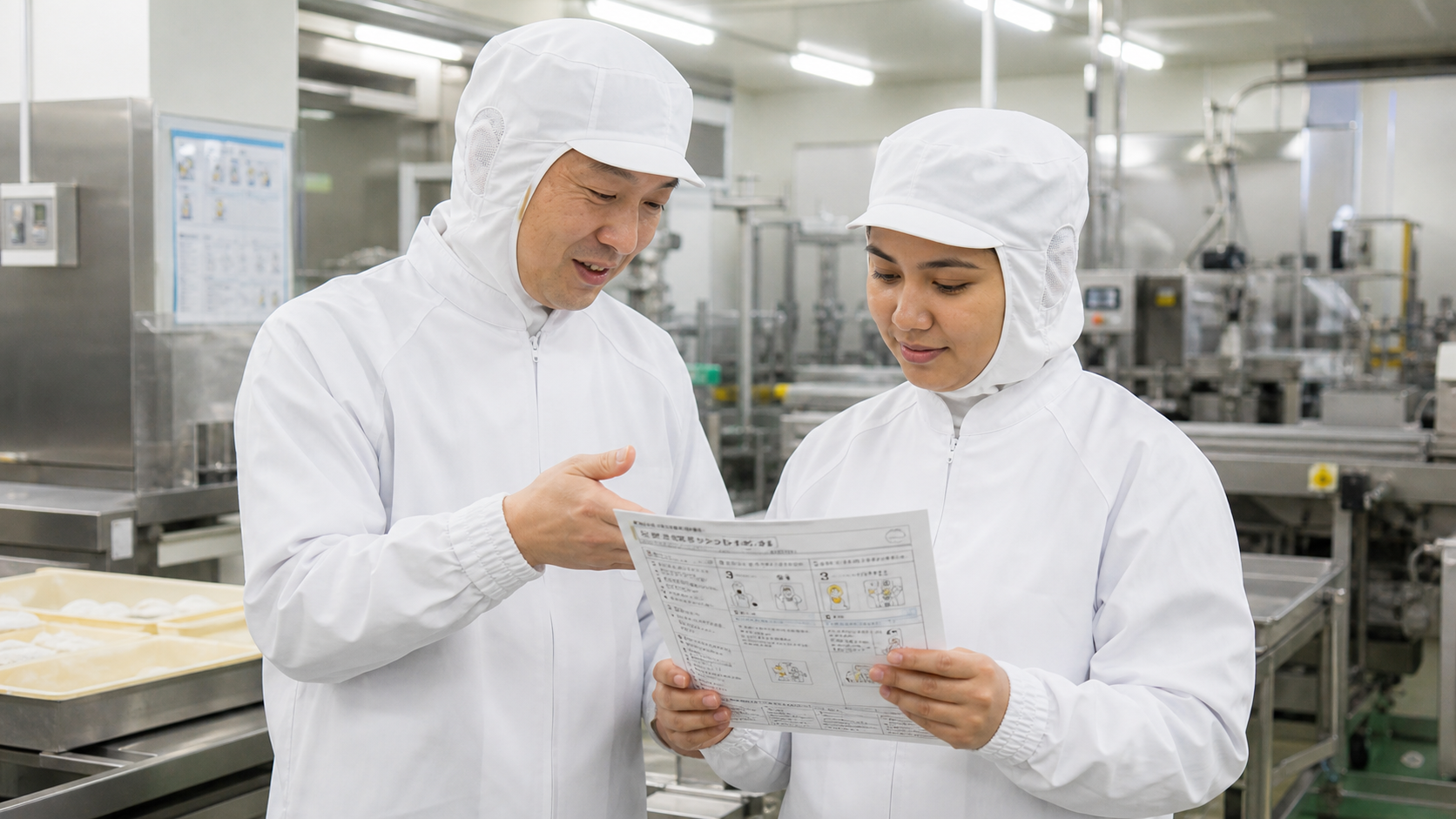 食品工場の現場で日本人スタッフが外国人材に日本語で作業を教えている様子