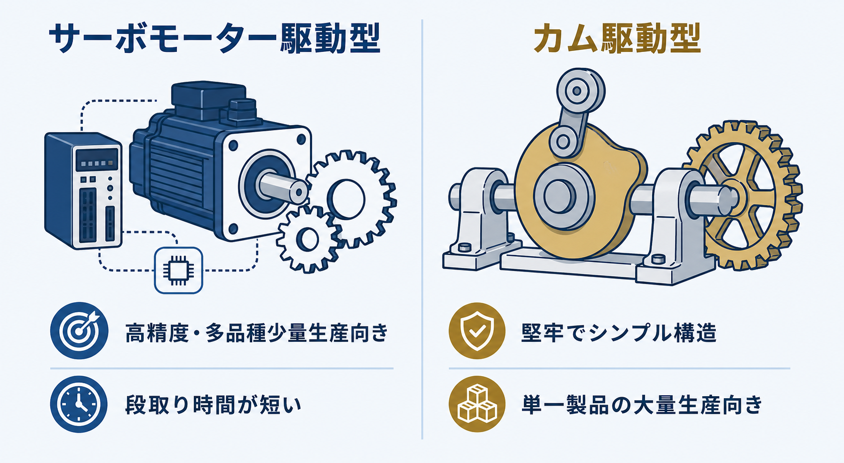 横ピロー包装機のサーボモーター駆動型とカム駆動型の特徴を比較したインフォグラフィック