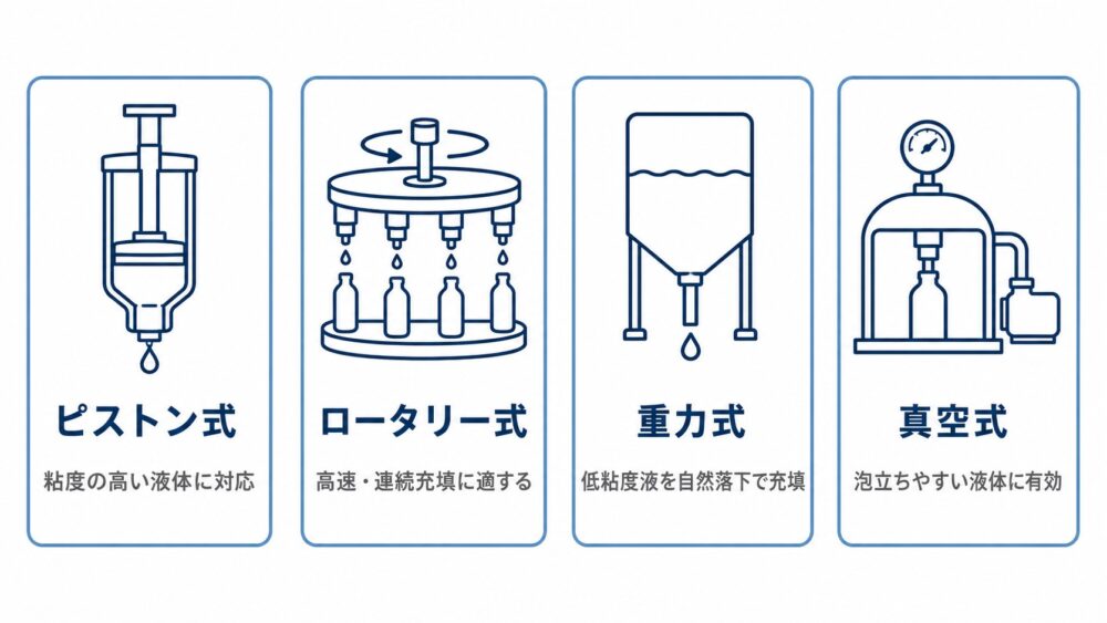 ピストン式・ロータリー式・重力式・真空式の充填方式をアイコンで比較したパネル図