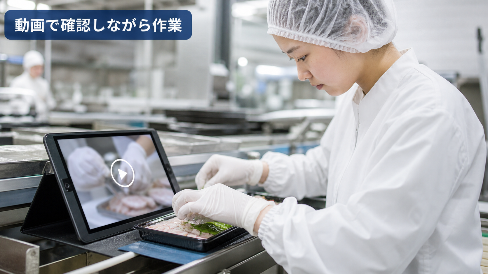 食品工場でスタッフがタブレットの動画マニュアルを見ながら作業を確認している様子
