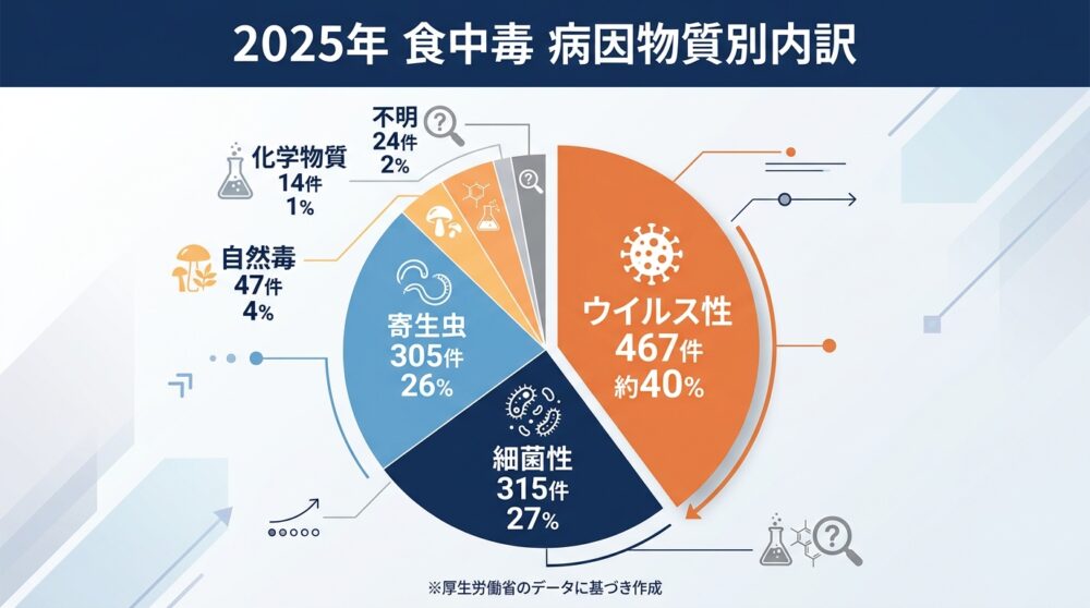 2025年食中毒の病因物質別内訳(ウイルス性・細菌性・寄生虫等)を示す円グラフ