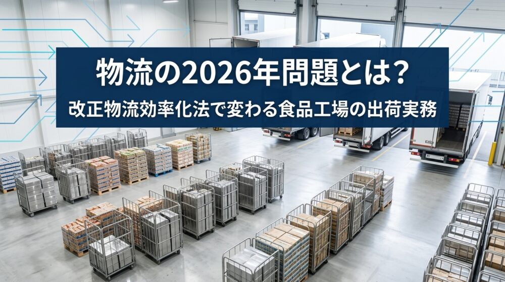 物流の2026年問題と改正物流効率化法による食品工場の出荷実務の変化を示すイメージ