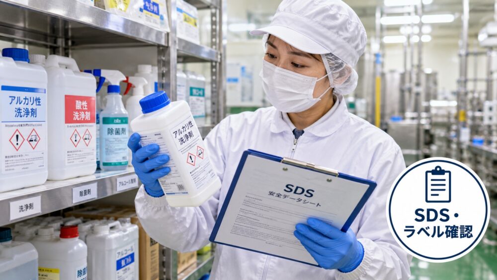 食品工場で洗浄剤のSDSやラベル表示を確認している様子