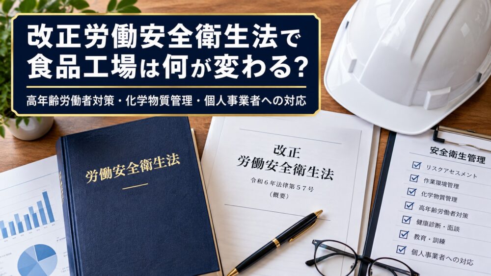 食品工場の安全衛生担当者が改正労働安全衛生法の資料を確認している様子