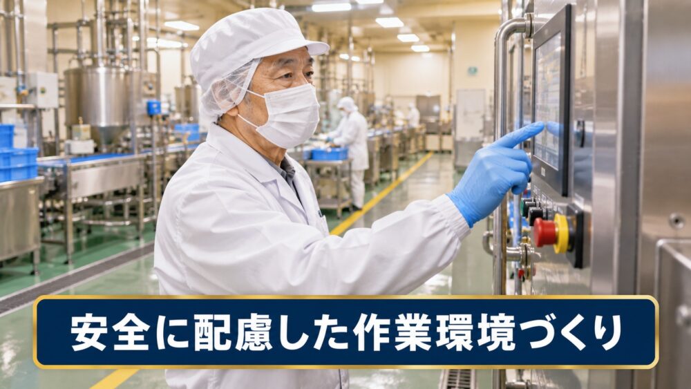 食品工場で高年齢の従業員が安全に配慮しながら作業している様子