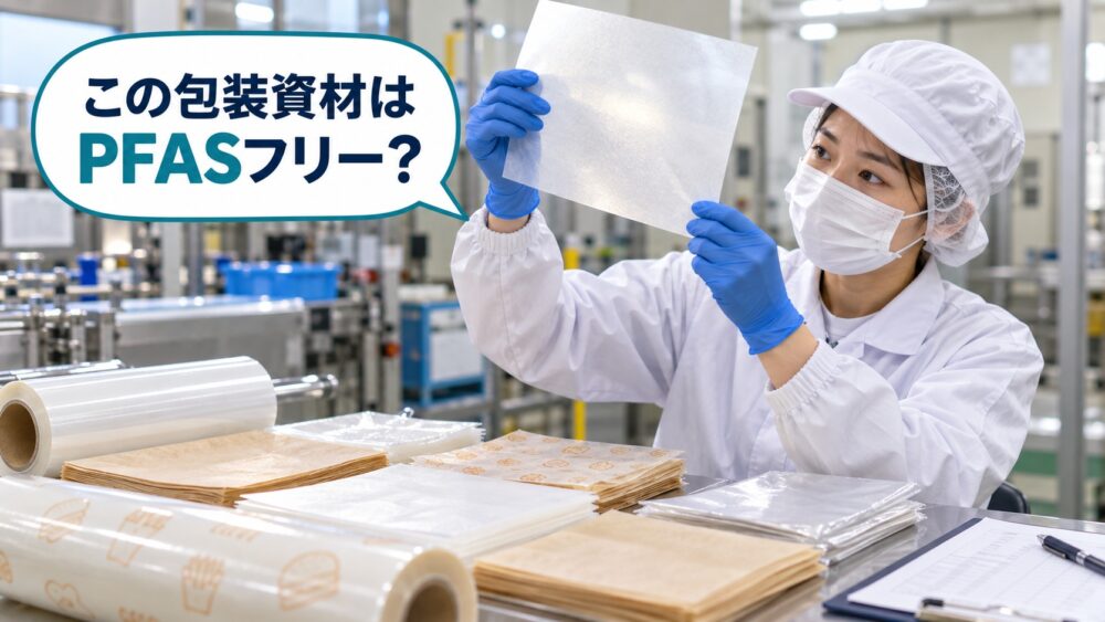 食品工場で耐油紙などの包装資材を確認している様子