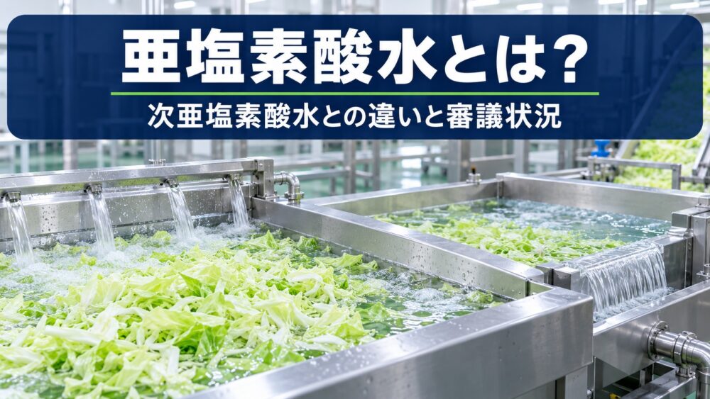 亜塩素酸水とは？次亜塩素酸水との違いと審議状況を解説するタイトルと、食品工場の野菜の浸漬・水洗ライン