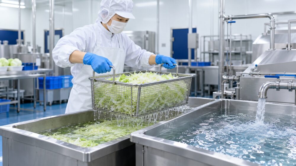 食品工場でカット野菜を殺菌液に浸漬したあと水洗している様子