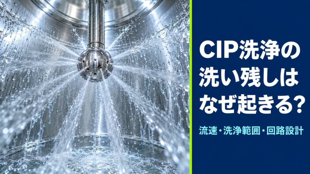 ステンレスタンクの内部でスプレーボールから洗浄液が噴射されている様子と、CIP洗浄の洗い残しを解説するタイトル画像