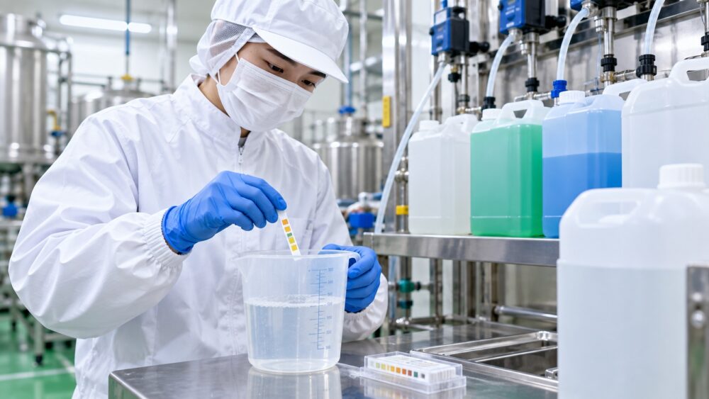 食品工場で洗浄剤を希釈して濃度を確認している担当者