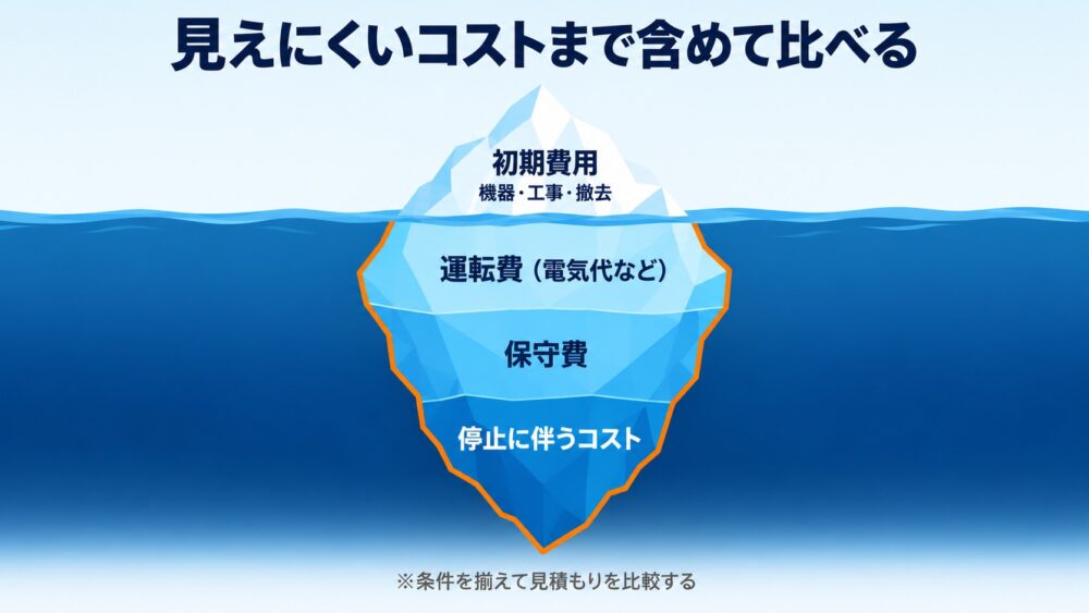 冷凍設備の費用を、水面上の初期費用と水面下の運転費・保守費・停止コストで示した氷山の図