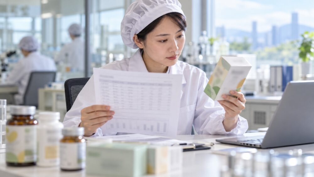品質管理の担当者が栄養成分の分析結果の書類とパッケージの表示案を見比べて確認している様子