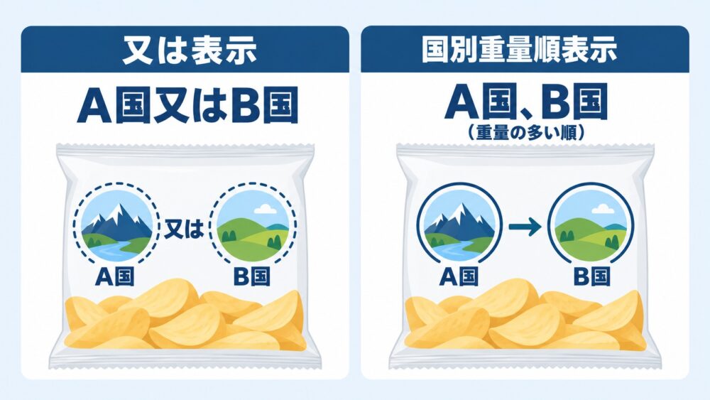 原料原産地表示の「又は表示」と「国別重量順表示」の違いを示す図解