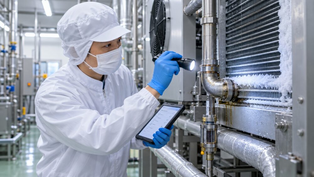 食品工場で担当者が冷凍冷蔵設備の室外機を目視で簡易点検している様子