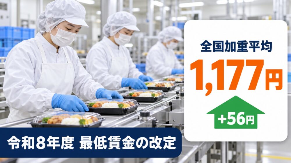 食品工場の包装ラインで働く作業者と、全国平均1,177円の最低賃金を示す数字カードのタイトル画像