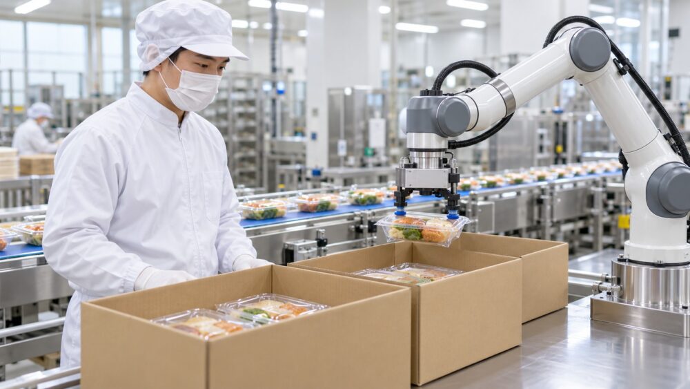 食品工場で作業者と協働ロボットが並んで箱詰め作業を行っている様子