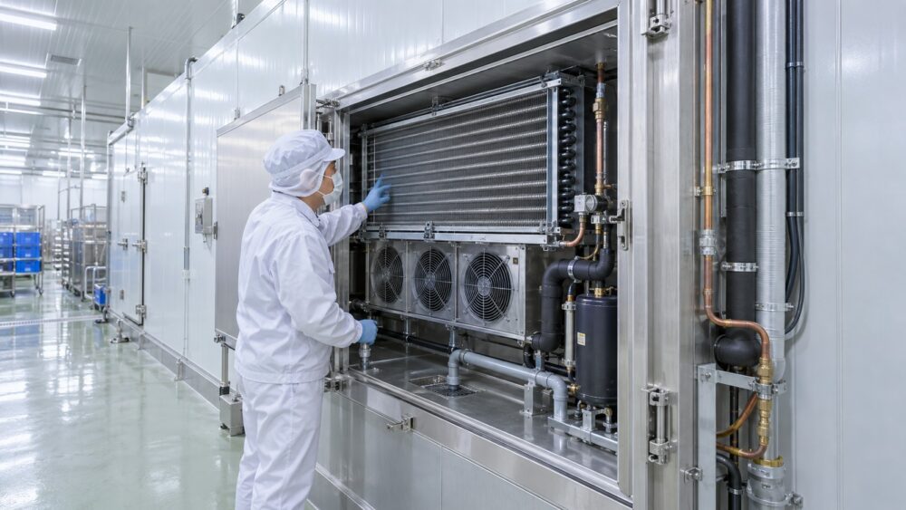 急速凍結機の断熱パネルと蒸発器まわりを点検する担当者
