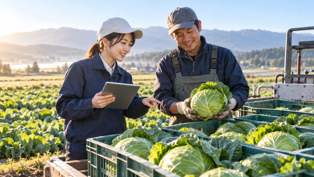 食品メーカーの担当者と生産者が畑で国産野菜の取引について打ち合わせしている様子